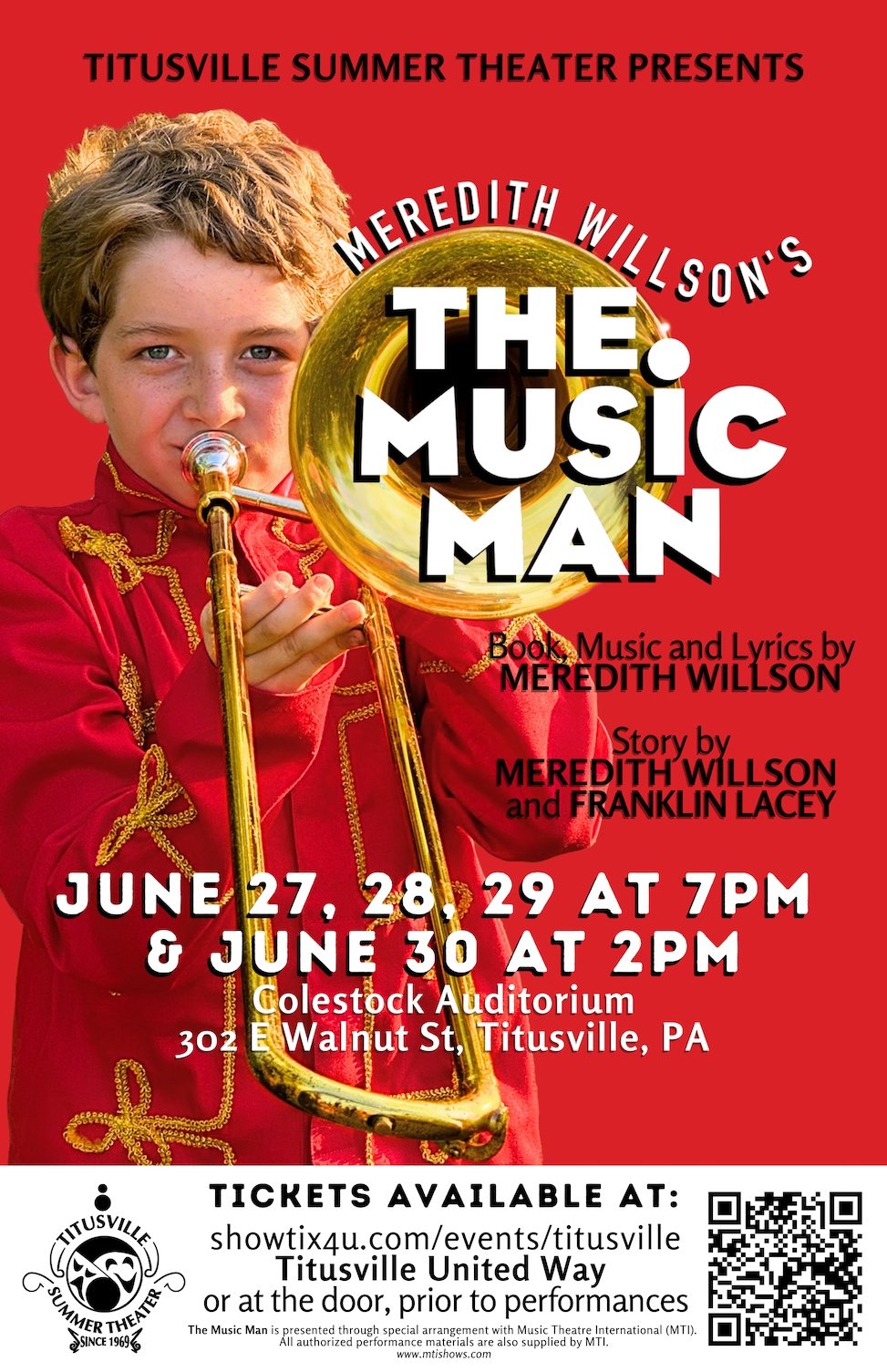 Poster for The Music Man showing a boy playing a trombone