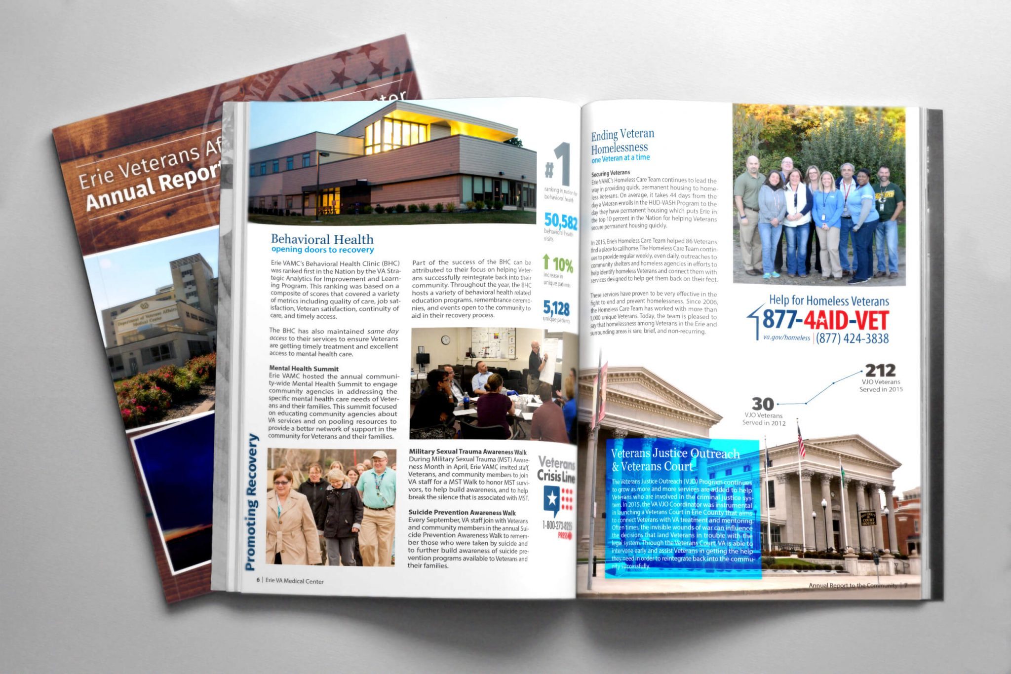 Mockup of the Erie VAMC Annual report showing an inside spread of the publication.