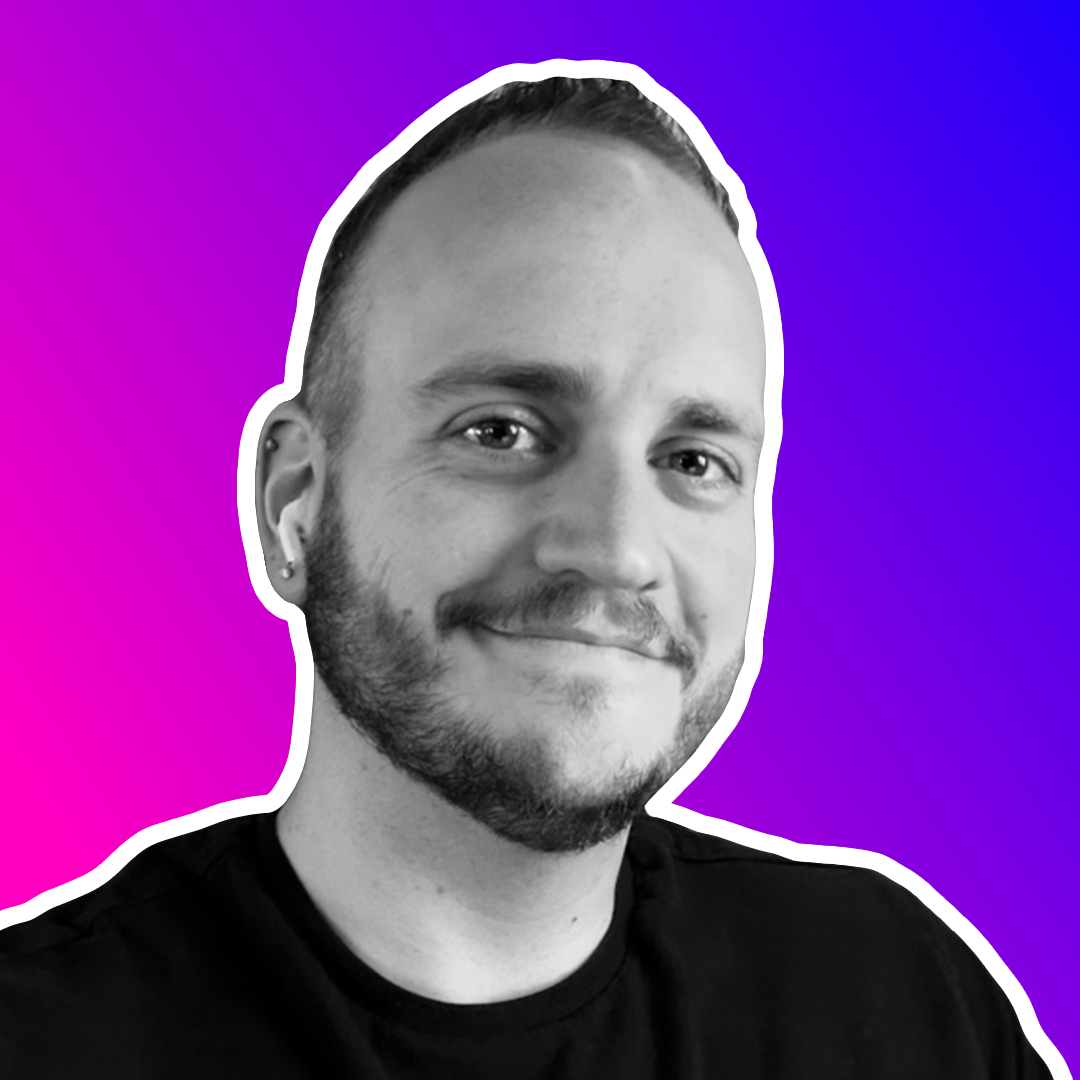 A desaturated headshot of David with a white background and set on top of a background gradient of pink into blue.